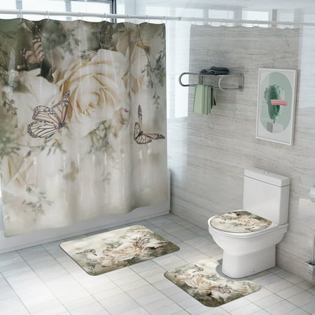 Hewego Raindrop Rose Shower Curtain Butterfly Bathroom Set Waterproof Shower Curtain Sets Floral Bathroom Home Decor with Rugs Bath Mat Toilet Lid Set Medium Size
